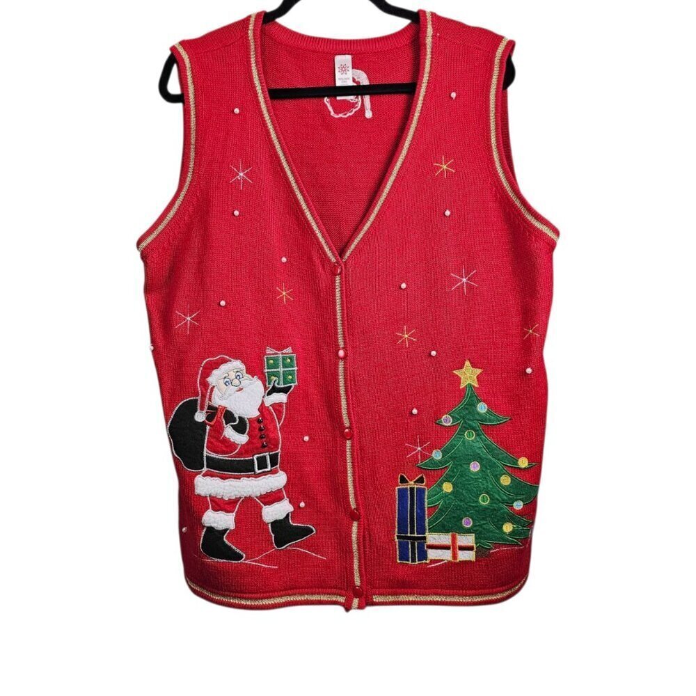 Christmas Knit Holiday V Neck Red Gold Metallic Faux Pearl Santa Sweater Vest